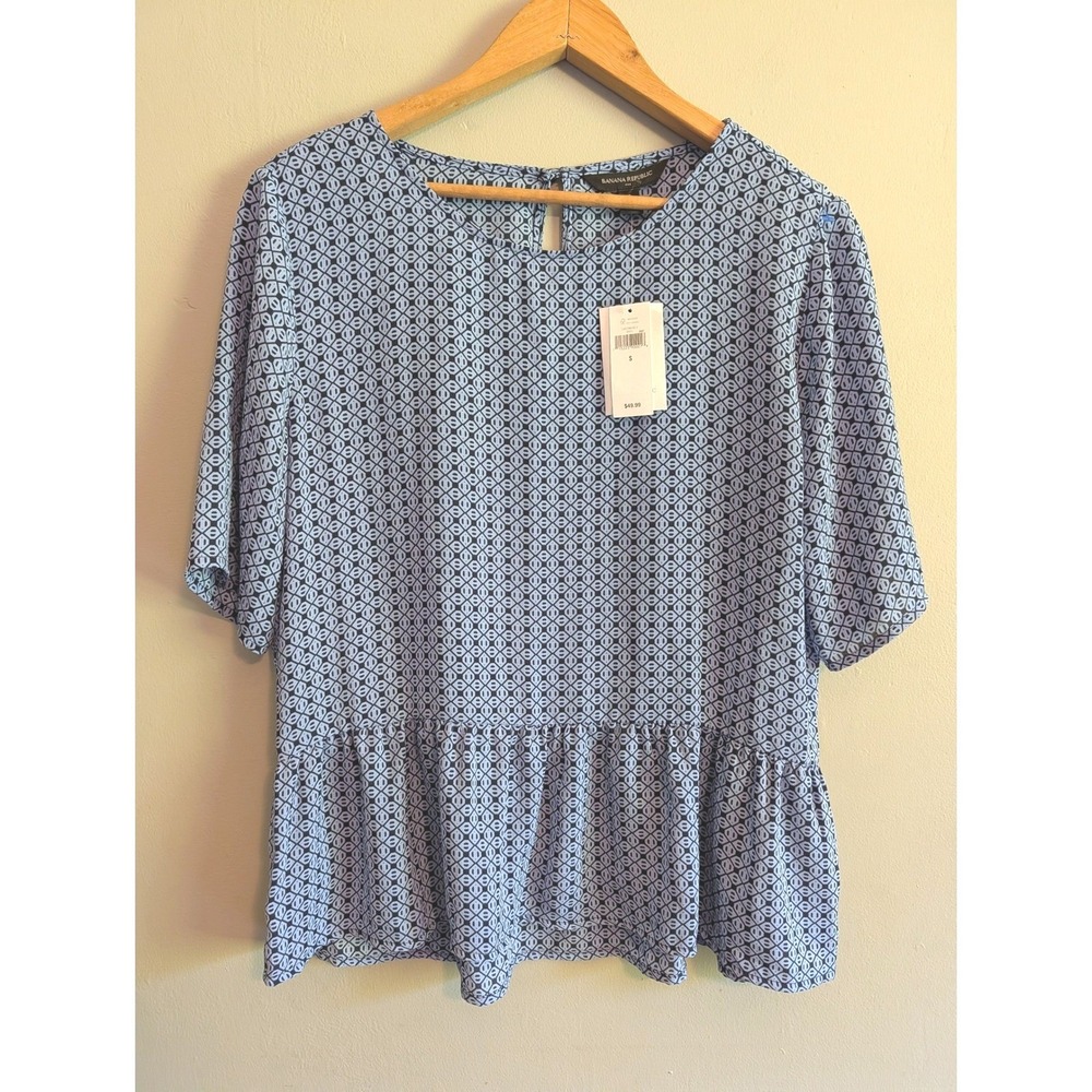 Banana‎ Republic Blue Geometric Peplum Blouse Short Sleeve Top S Office Career